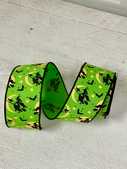 2.5 Inch By 10 Yard Lime Green Witch Flying By Moon Ribbon
