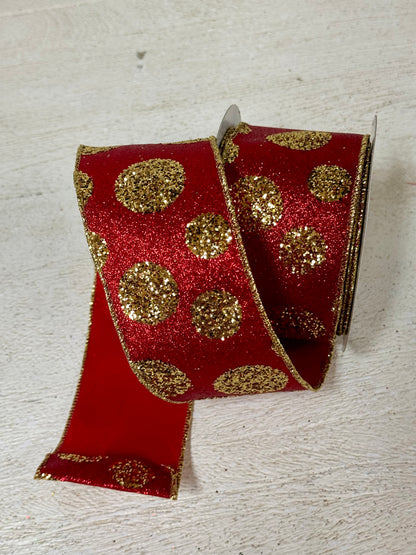 2.5 Inch By 10 Yard Red And Gold Glitter Polka Dot Ribbon