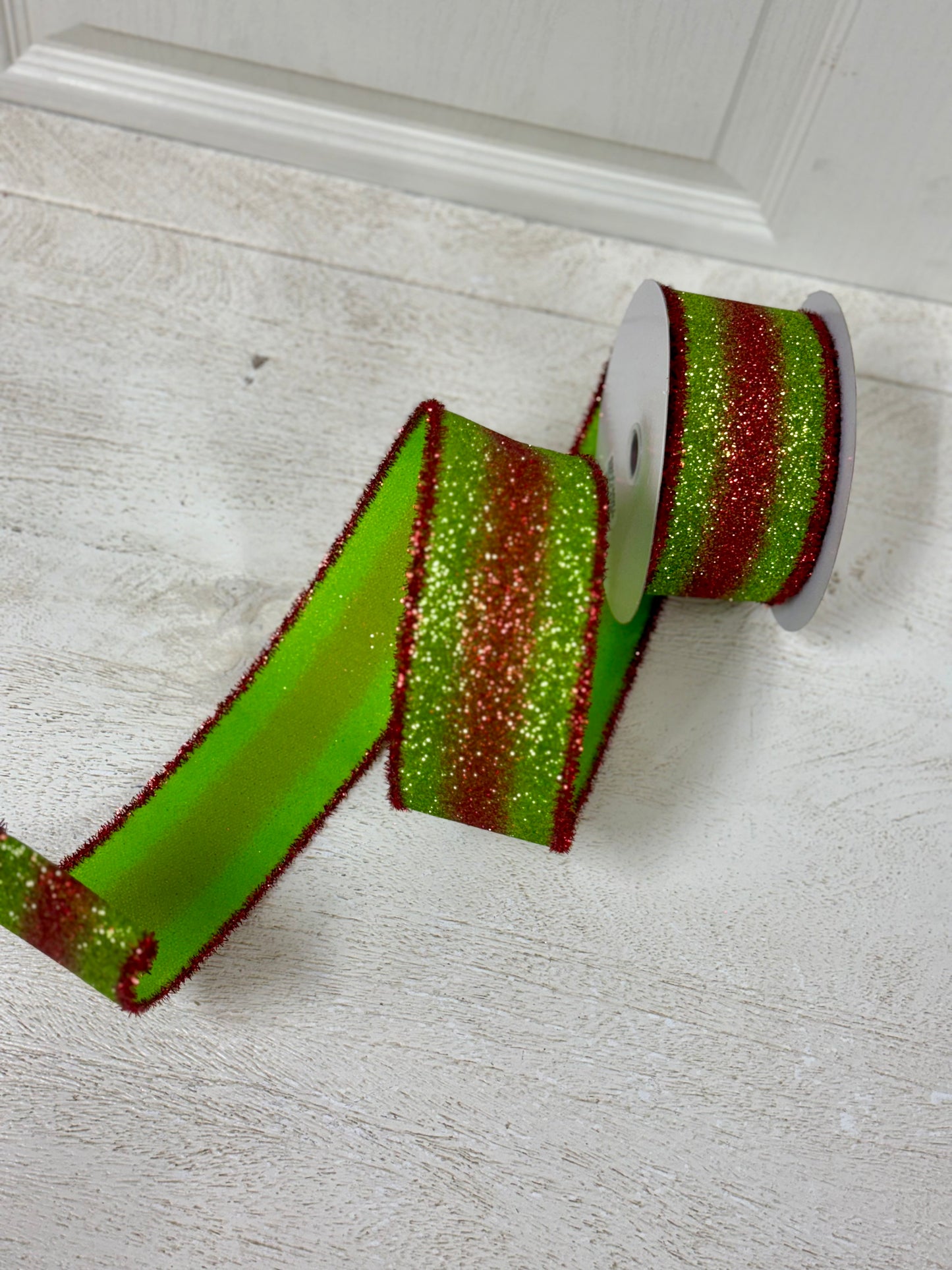 2.5 Inch By 10 Yard Red And Lime Gradient Glitter With Red Tinsel Edging Ribbon