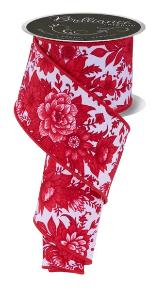 2.5 Inch By 10 Yard Red And White Chinoiserie Floral Ribbon