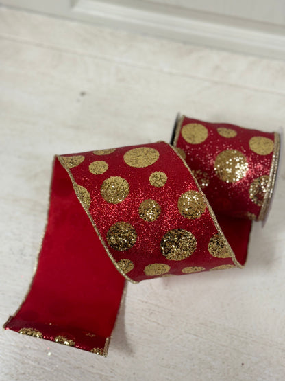 4 Inch By 10 Yard Red And Gold Glitter Giant Polka Dot Ribbon