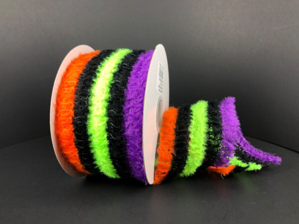 2.5 Inch By 10 Yard Black Green Orange And Purple Fuzzy Striped Ribbon