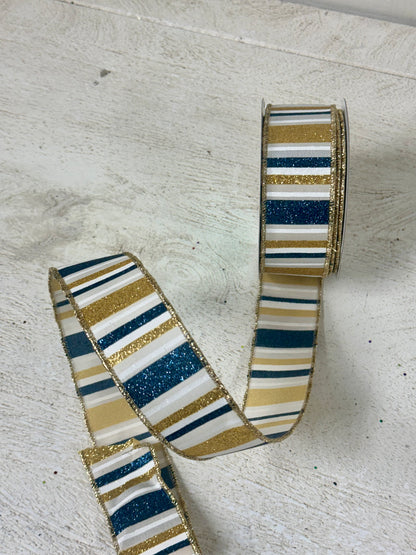 1.5 Inch By 10 Yard Smoke Blue And Gold Horizontal Stripe Ribbon