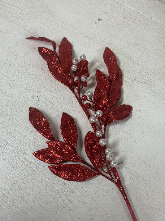 25 Inch Red Glitter Leaf Spray With Pearl Details