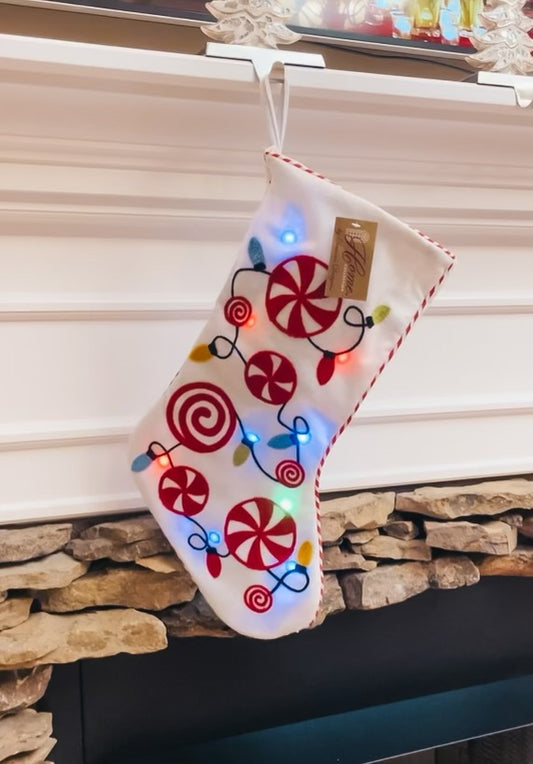 Peppermint Candy And Christmas Light Up Fabric Hanging Stocking