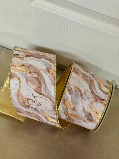 4 Inch By 10 Yard Ivory And Gray Marble Fused Ribbon
