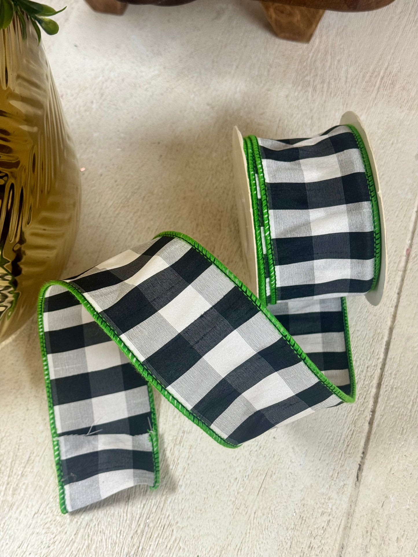 2.5 Inch By 10 Yard Black And White Gingham Check With Lime Edging Ribbon