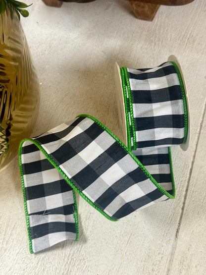 2.5 Inch By 10 Yard Black And White Gingham Check With Lime Edging Ribbon