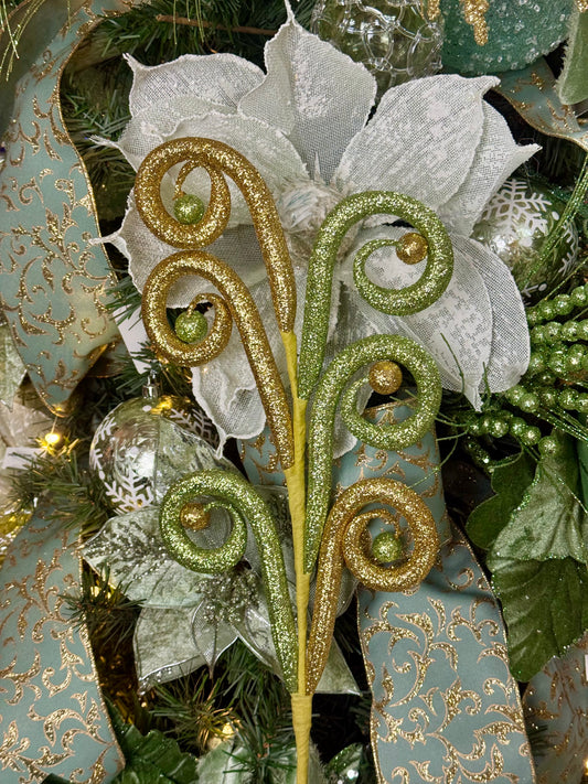 28.5 Inch Sage Green And Gold Glitter Tubing Coil Ball Spray