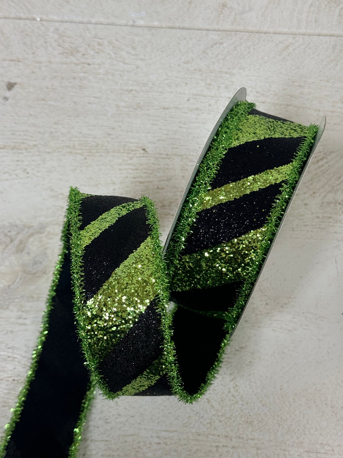 1.5 Inch By 10 Yard Black And Lime Green Striped With Tinsel Edge Ribbon