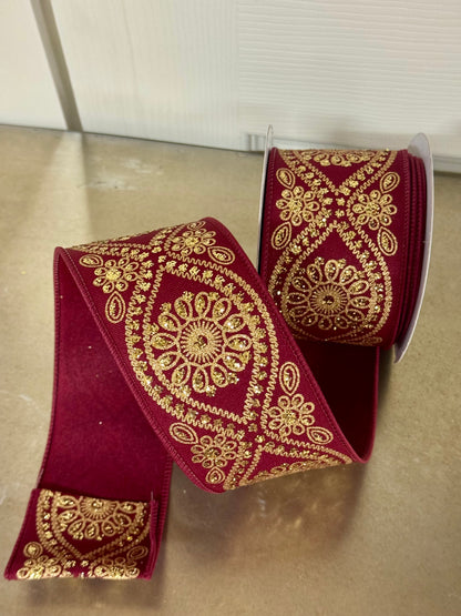 2.5 Inch By 10 Yard Wine And Gold Deluxe Wavy Floral Ribbon