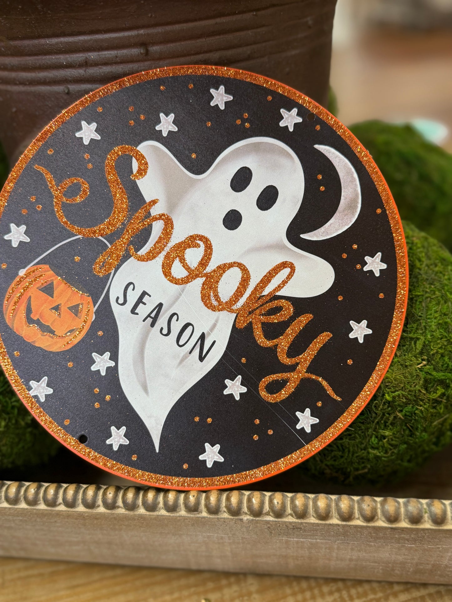 8 Inch Glitter Spooky Ghost Metal Sign