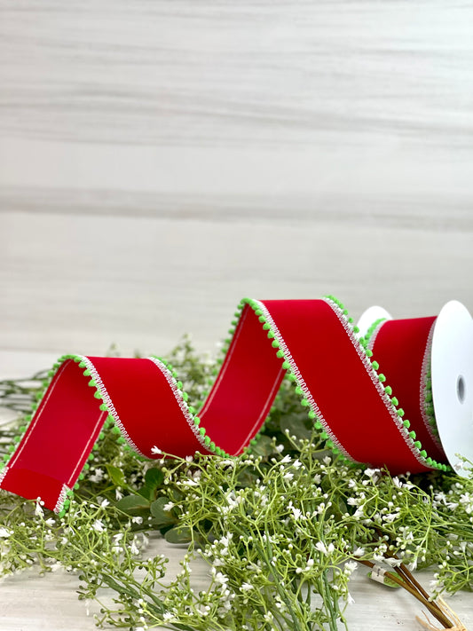 2.5 Inch By 10 Yard Red Velvet With Green Pom Pom Ribbon