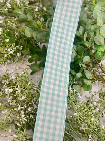 2.5 Inch By 10 Yard Light Teal And Cream Woven Check Ribbon