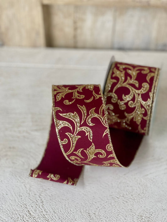 2.5 Inch By 10 Yard Wine With Gold Acanthus Leaf Ribbon
