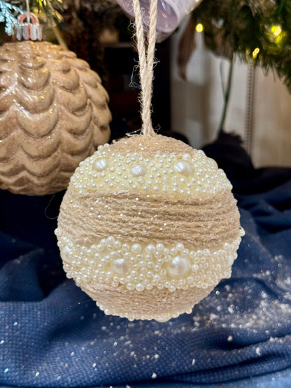 4.25 Inch Cream Glitter Pearl Beaded Ornament Ball