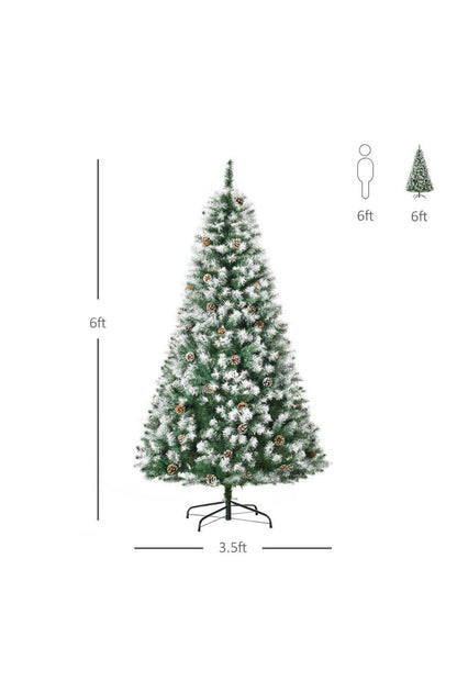 HomCom 6 ft. Artificial Christmas TreeFlocked Hinge Tree with Pine Cones, Holiday Home Christmas Decoration Automatic Open, Green Open Box