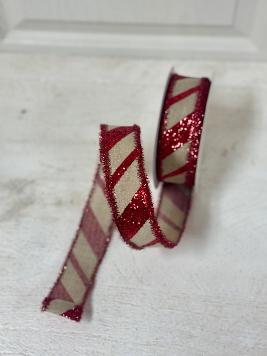 1.5 Inch By 10 Yard Natural And Red Stripe With Red Tinsel Edge Ribbon