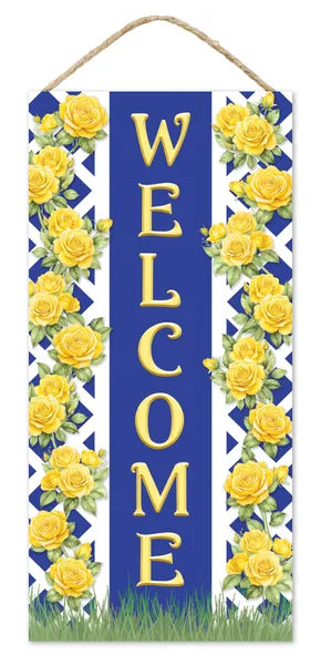 12.5 Inch By 6 Inch Royal Blue And Yellow Welcome With Yellow Rose Trellis Wood Sign