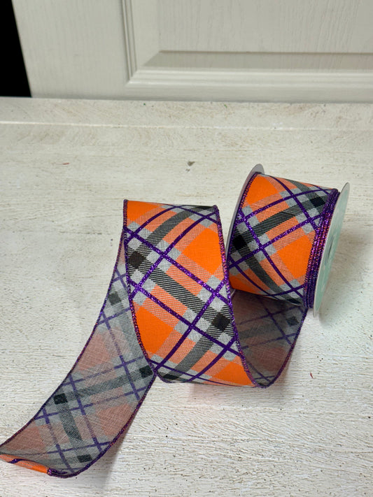 2.5 Inch By 10 Yard Light Grey Purple Orange Diagonal Plaid Ribbon