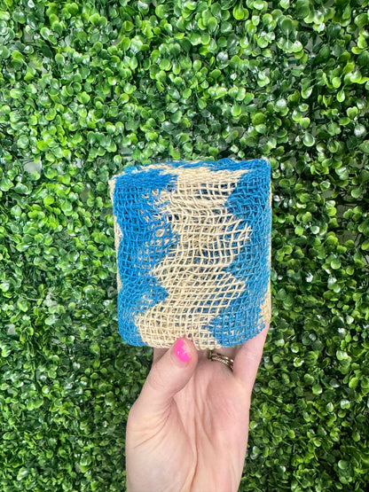 4 Inch By 5 Yards Designer Chevron Jute Natural with Blue Pattern Ribbon
