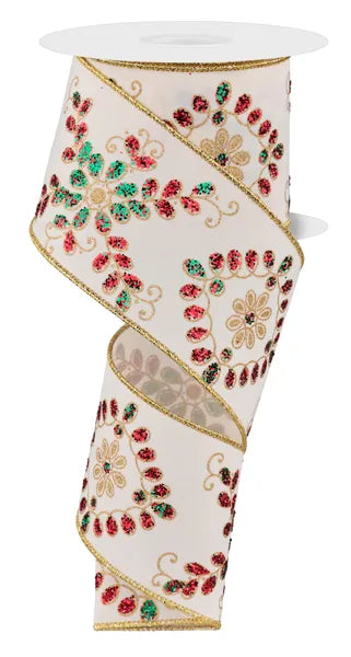 2.5 Inch By 10 Yard Ivory Red Emerald And Gold Ornate Loop Diamond Ribbon