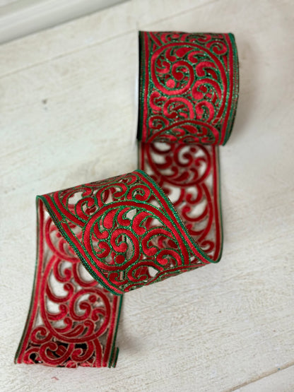 4 Inch By 10 Yard Designer Red And Emerald Scroll Ribbon