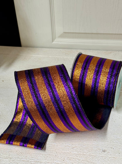 4 Inch By 10 Yard Copper Purple And Black Metallic Vertical Stripe Ribbon