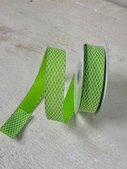 7/8 Inch By 10 Yard Fresh Green And White Mini Harlequin Ribbon