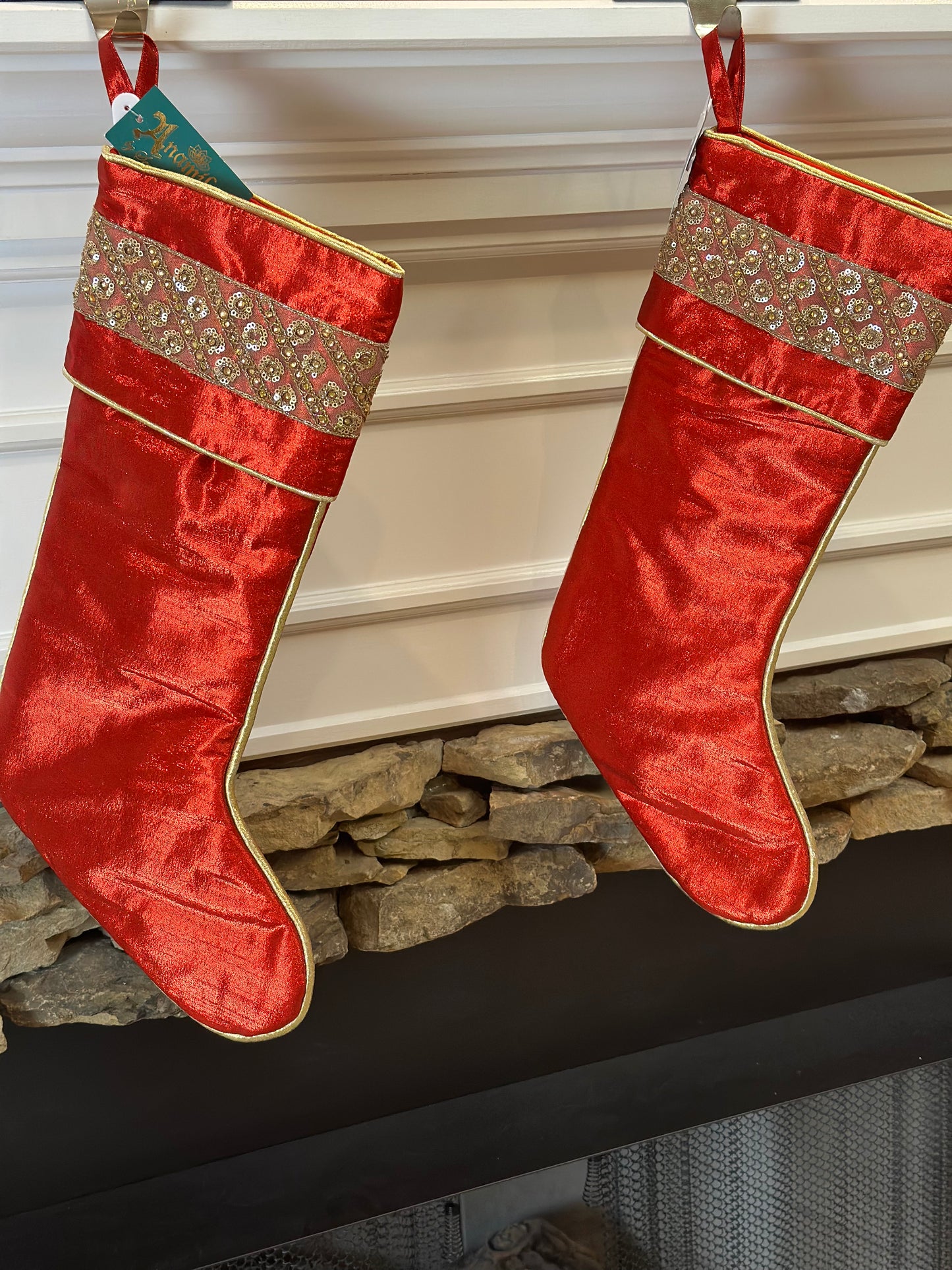 Red Stocking With Gold Bead Design