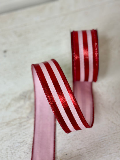 1.5 Inch By 10 Yard Metallic Pink And Red Striped Ribbon