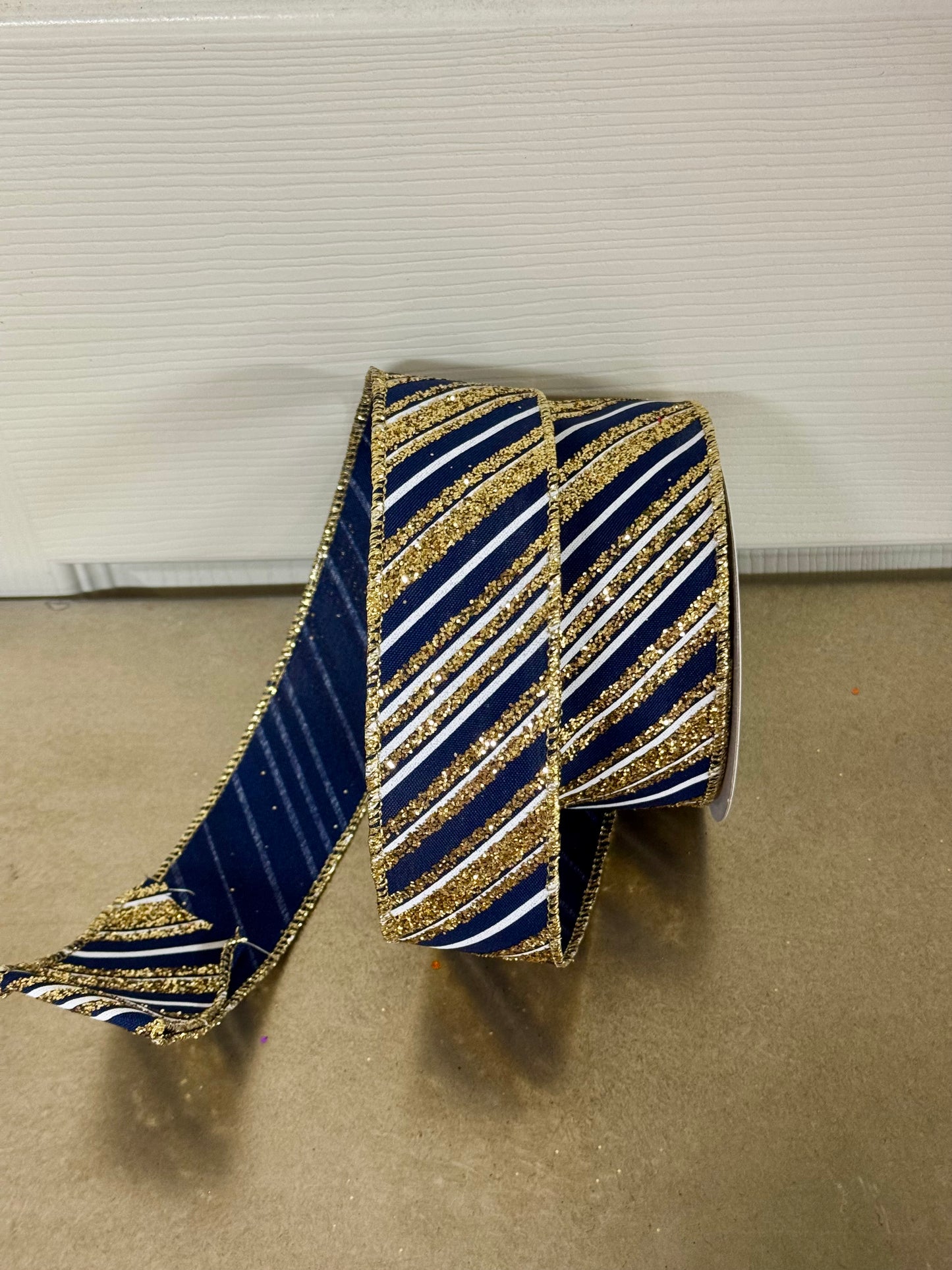 1.5 Inch By 10 Yard Navy Blue And Gold Diagonal Striped Ribbon