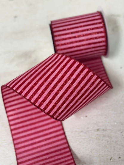 4 Inch By 10 Yard Pink And Red Glitter Striped Ribbon