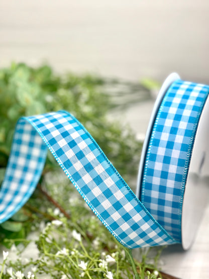 1.5 Inch By 50 Yard Blue And White Gingham Woven Check Ribbon