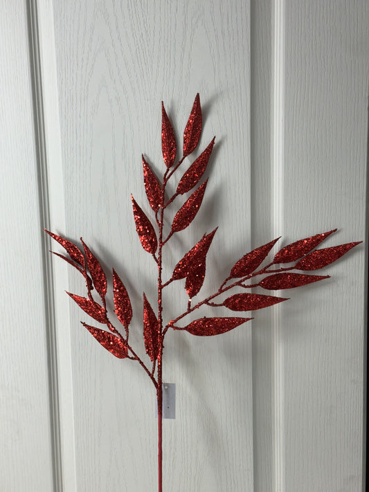 28 Inch Red Glitter Leaf Spray