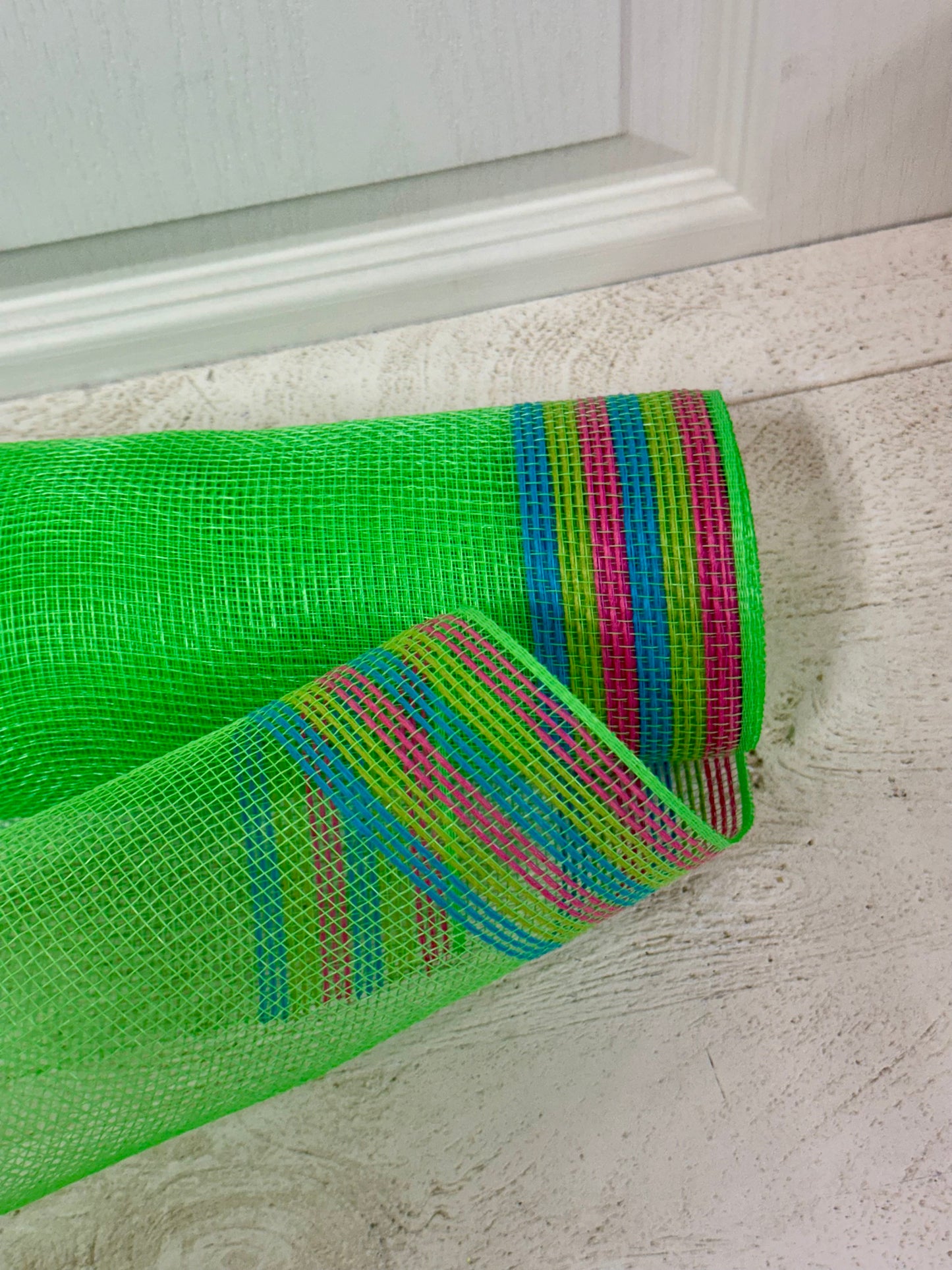 10 Inch By 10 Yard Lime Green Jute With Hot Pink Blue Lime Border Stripe Netting