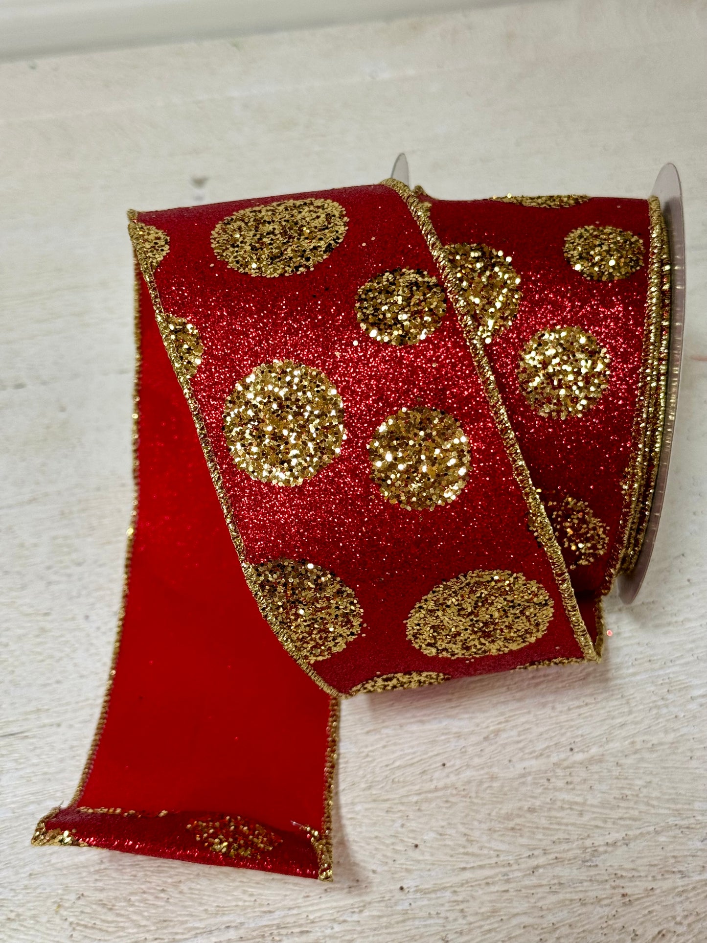 2.5 Inch By 10 Yard Red And Gold Glitter Polka Dot Ribbon