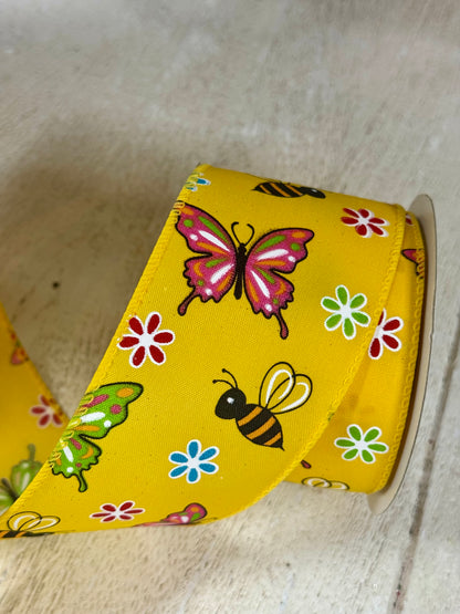 2.5 Inch By 10 Yard Yellow Butterfly And Bees Ribbon