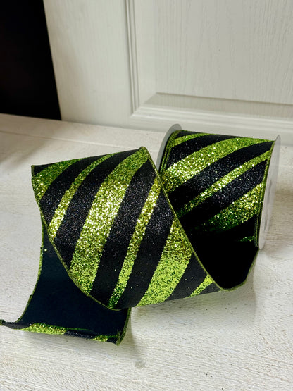 4 Inch By 10 Yard Lime Green And Black Glitter Giant Diagonal Lines Ribbon