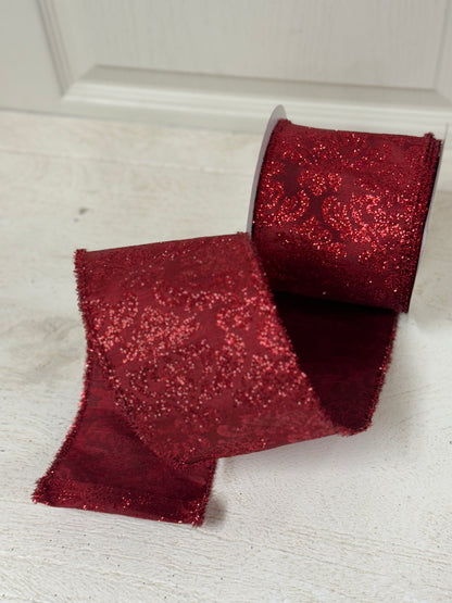 4 Inch By 10 Yard Red Bold Demask Dupioni Ribbon With Tinsel Edge