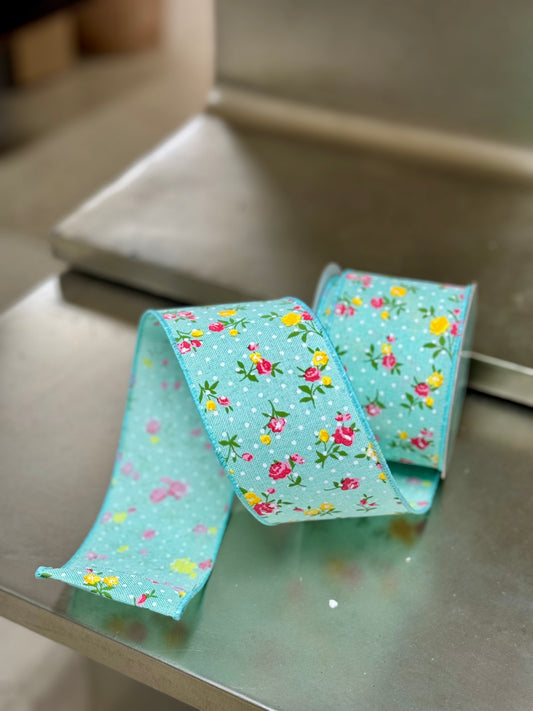 2.5 Inch By 10 Yard Mint Green Vintage Floral With Dots Ribbon