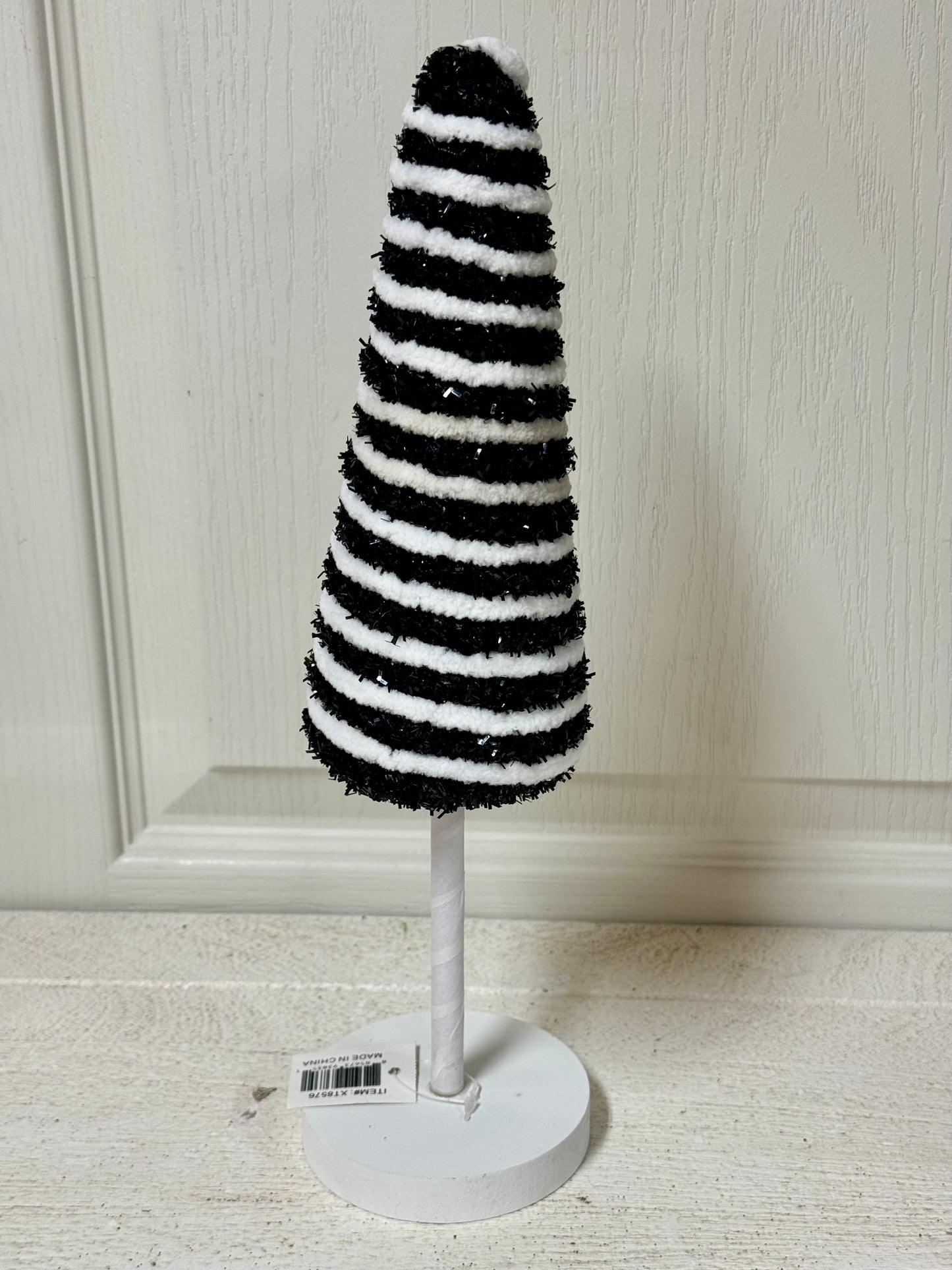 13.25 Inch Black And White Tinsel Glitter Twisted Cone Tree