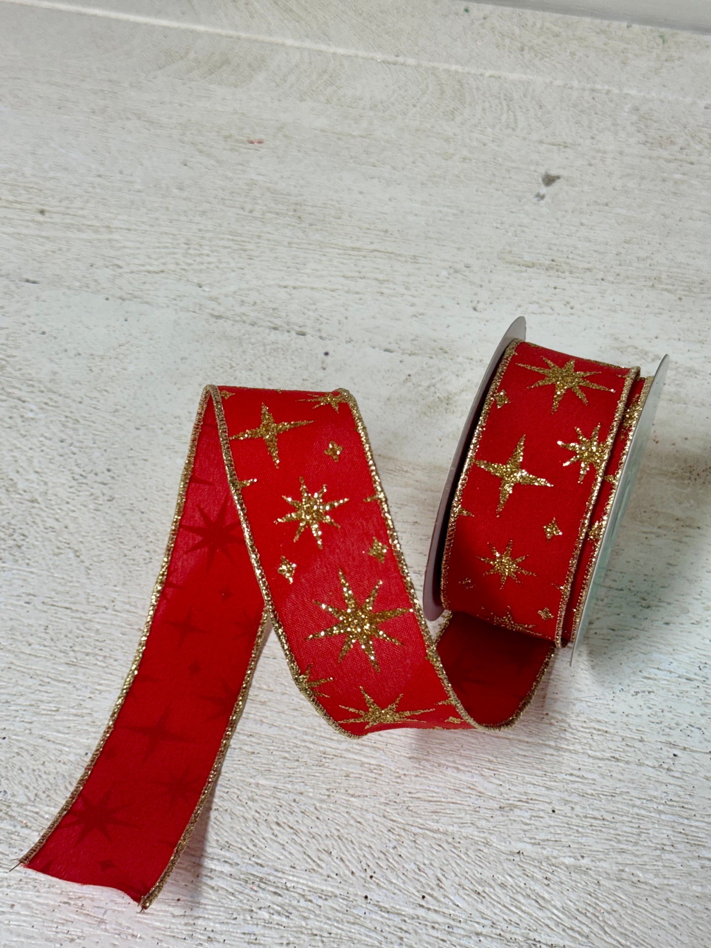 1.5 Inch By 10 Yard Red And Gold Retro Stars Ribbon