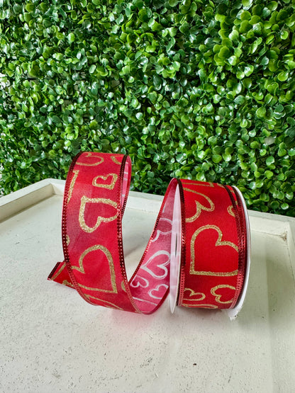 1.5 Inch By 10 Yard Gold Glitter Hearts On Red Ombre Background Ribbon