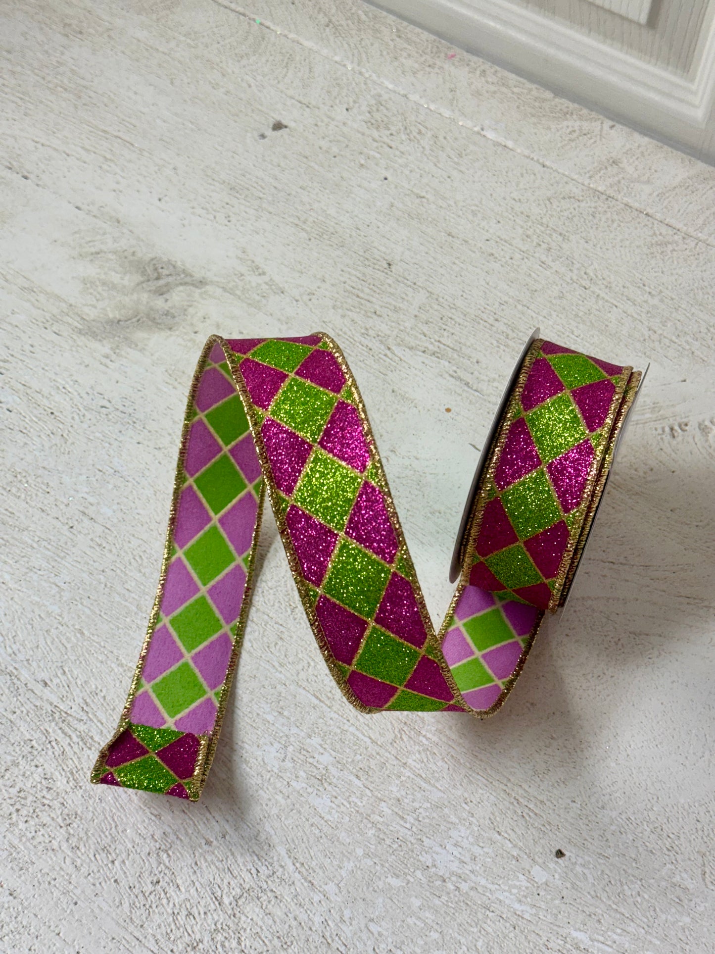 1.5 Inch By 10 Yard Green And Hot Pink Glitter Harlequin Ribbon