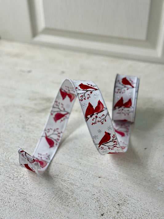 1.5 Inch By 10 Yard Cardinal With Red Berries And Snowflake Ribbon