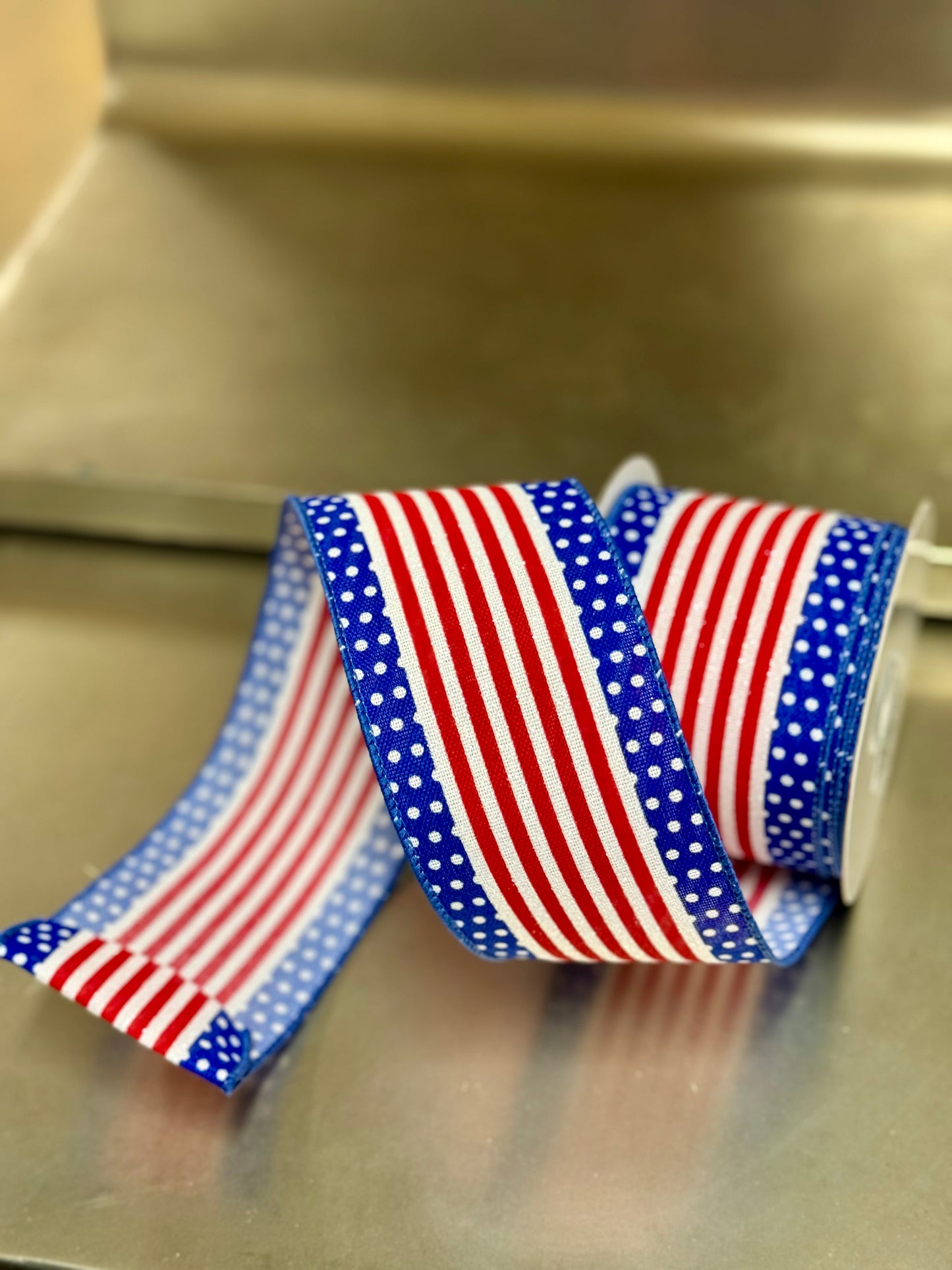 2.5 Inch By 10 Yard Red White And Blue Stripe And Polka Dot Ribbon