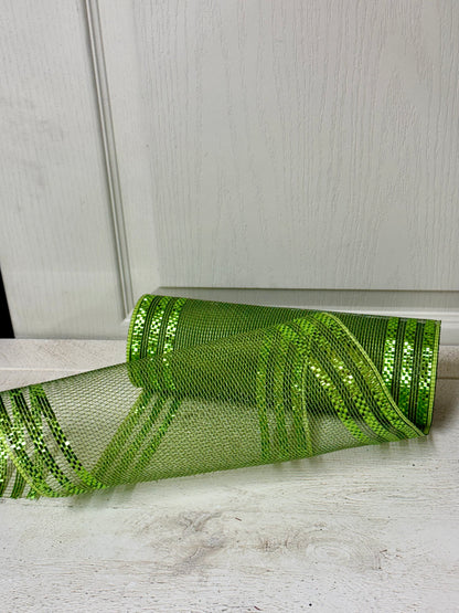 10 Inch By 10 Yard Apple And Moss Green Border Stripe Metallic Mesh