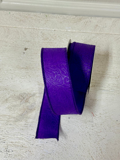 1.5 Inch By 10 Yard Purple Floral Leaves Ribbon