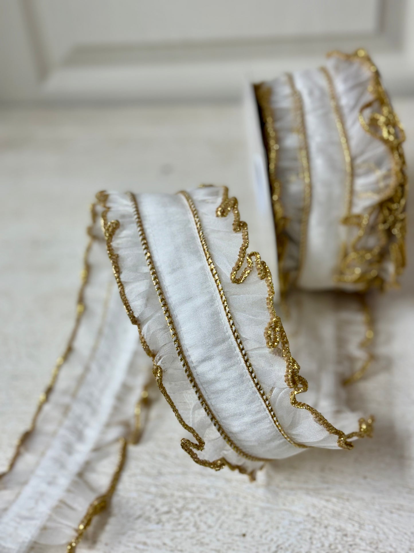 2.5 Inch By 10 Yard Ivory Dupioni Center With Gold Ruffle Edges Ribbon